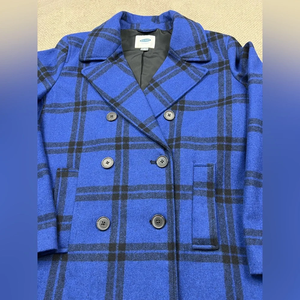 Old Navy Women’s Large Blue Black Plaid Double Breasted Mid Length Wool Peacoat - Picture 9 of 10